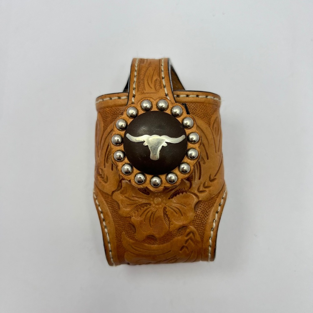 Cowboy Tooled Leather Belt Pouch 4x2" Western Longhorn‎ Tool Case Keys Cologne